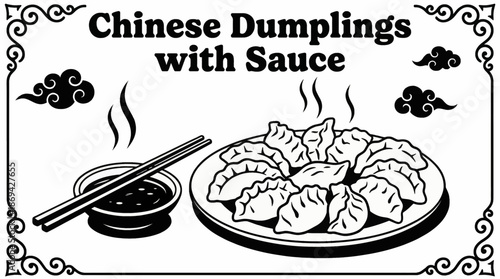 Chinese dumplings served with dipping sauce Black and white vector illustration, representing classic Asian street and home cuisine