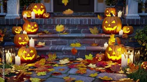 Glowing Halloween Pumpkins and Candles Decorating Front Porch.