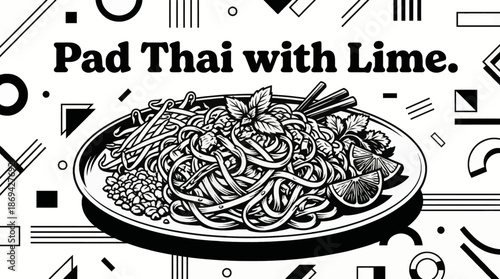 Thai pad thai noodles topped with lime and peanuts Monochrome vector illustration, highlighting popular Southeast Asian street food culture
