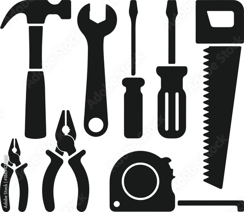 Hand tool silhouette icon set construction and repair equipment vector