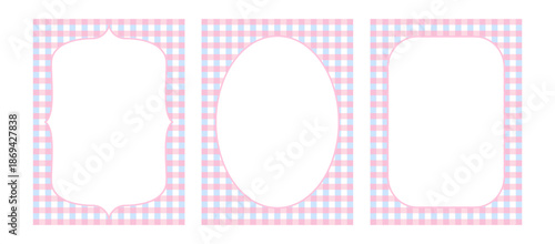 Set of 3 pastel gingham card templates with ornate white frames. Perfect for baby shower invitations, nursery decor, or greeting cards.