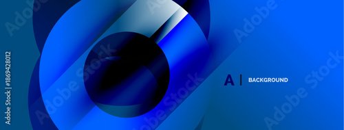 Abstract blue design features overlapping circles, gradients, dynamic composition. Modern aesthetic suitable for backgrounds, presentations.