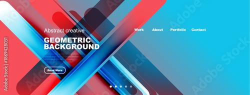 Abstract geometric background design. Bright colors overlap, creating dynamic visual effect. Website header includes navigation options.