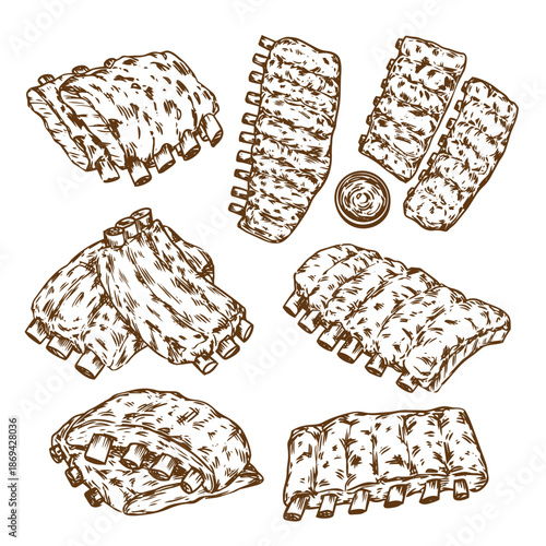 Collection of hand drawn Barbecue Pork ribs outline drawing illustration 2