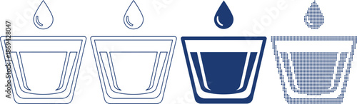 Water drop falling into glass cup icon set with different line styles