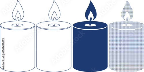 Lit candle with burning flame light source line solid and dotted vector icons set