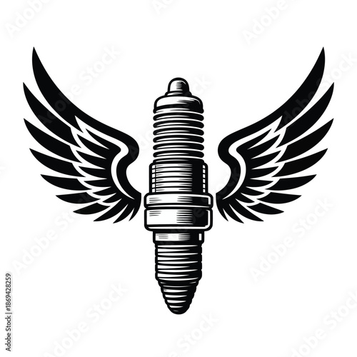 A winged spark plug illustration detailed monochrome design for automotive enthusiasts