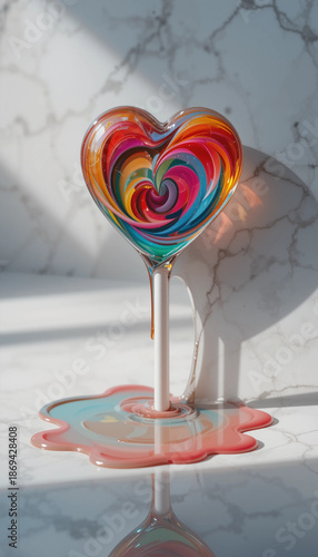 Whimsical still life with melting heart-shaped lollipop on colorful puddle