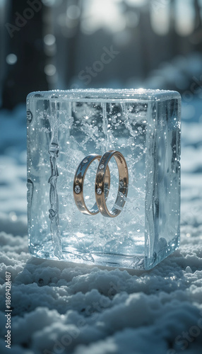 Frozen capsule of eternal love, transparent ice block encasing two wedding rings