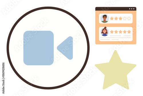 Video communication, online reviews, user feedback, ratings, remote services, digital tools. A video camera icon, user profiles with ratings and a star. Video communication and online reviews