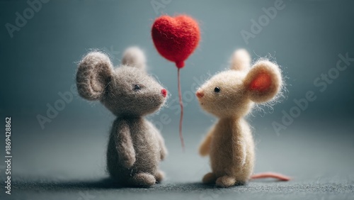Two wool mice with a heart balloon