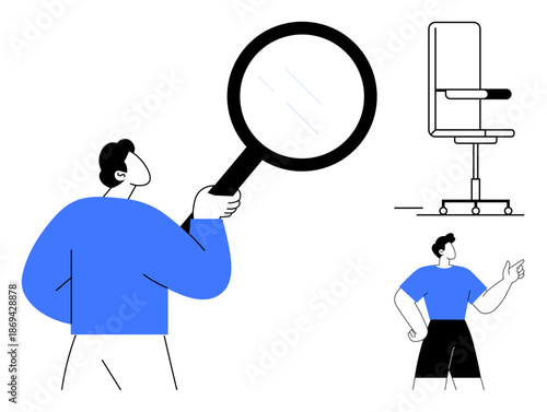 Workplace assessment, product review, decision-making, analysis, ergonomics, research. Person holding magnifying glass near office chair. Workplace assessment and product review concept