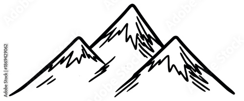 Hand drawn line art illustration of mountains depicting a rugged natural landscape for outdoor adventure concepts