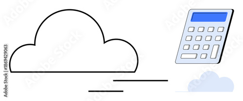 Cloud computing, financial technology, data management, digital tools, remote work, innovation. A cloud and digital calculator. Cloud computing and financial tech concept