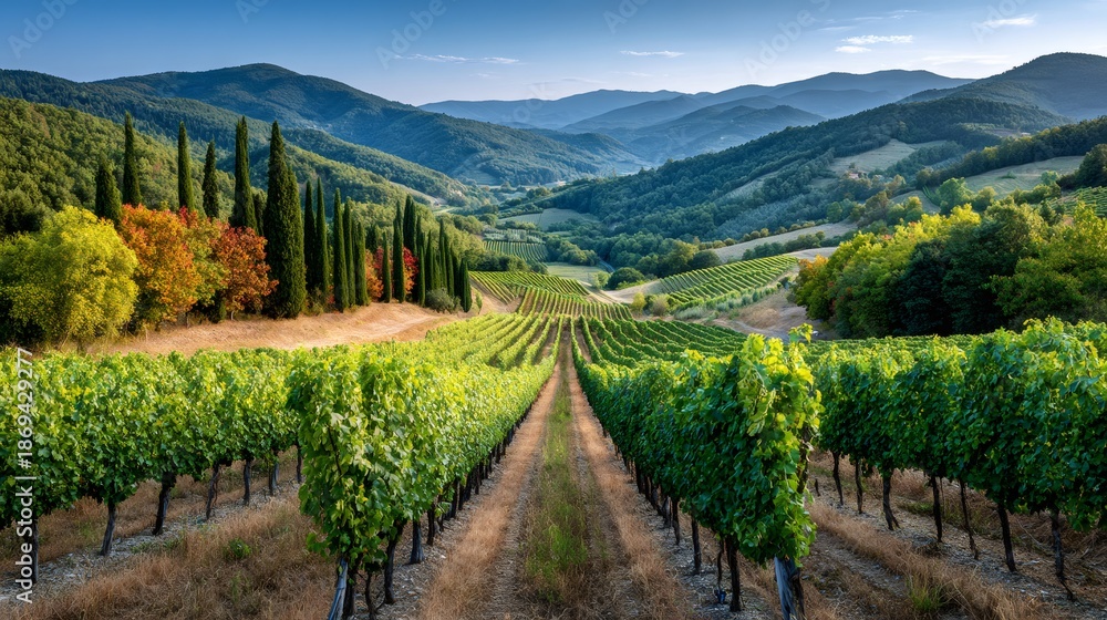 Fototapeta premium Tuscan vineyard rows winding through rolling italian hills