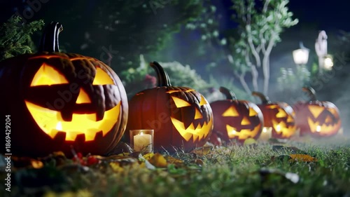 Eerie Halloween Night - Glowing Jack-o-Lanterns Illuminate a Misty Garden Path with Spooky Faces.