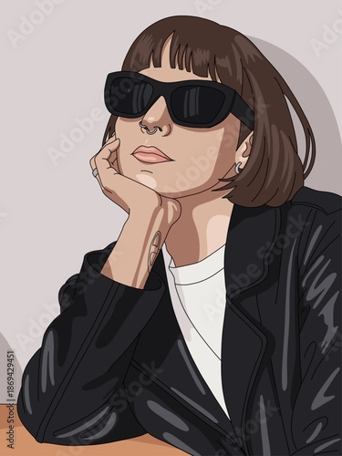 Young Confident Woman Wearing  Trendy Leather Jacket and Sunglasses, Posing on Light Background. Isolated Fashion Portrait Vector Illustration 
