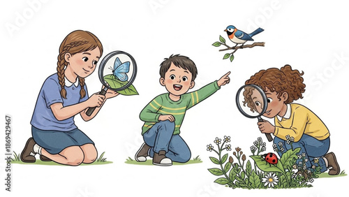 Three children exploring nature with magnifying glasses and observing insects and a bird in a garden