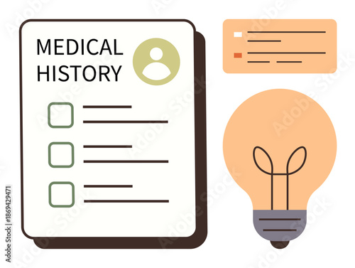 Healthcare, medical documentation, records management, innovation, personal health, ideas generation. Medical history form, checklist lightbulb icon. Healthcare and record management concept