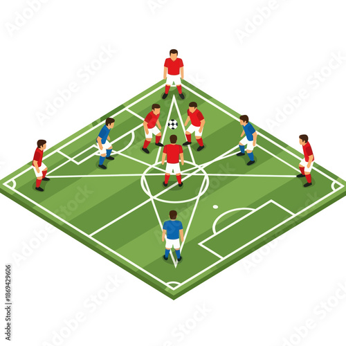 Soccer Players on Field in Red Blue.