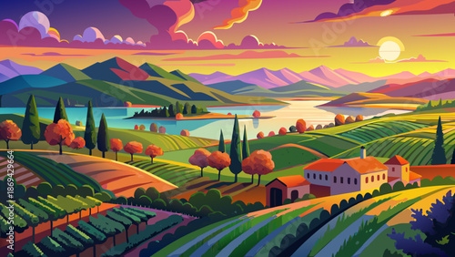 Very beautiful colorful sunset over vineyards near Lake Balaton, Hungary, where rolling hills, grapevines, and warm evening light create a serene and romantic countryside atmosphere.