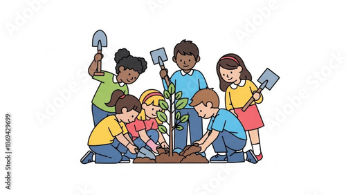 A group of diverse children planting a young tree together outdoors with shovels and digging tools