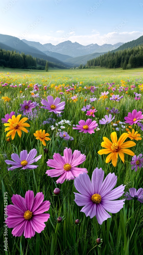 Fototapeta premium Vibrant cosmos flowers blooming in mountain meadow valley