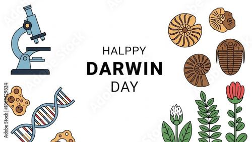 Evolutionary biology concept with microscope dna fossils and plants for darwin day