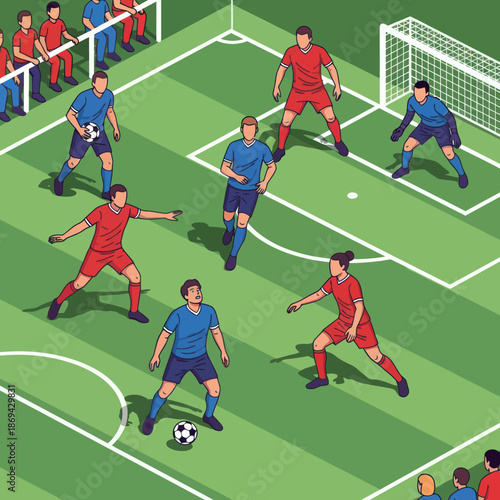 Soccer Players Competing on Green Field.