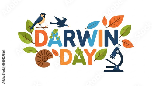 Vibrant darwin day graphic with colorful leaves birds and science elements on white background