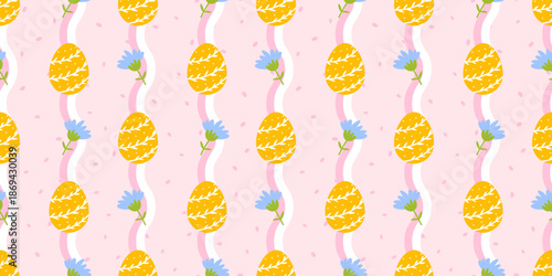 Adorable Easter seamless vector pattern with Easter eggs hidden among chamomile flowers and wavy lines, perfect for fabric prints, wrapping paper, and kids' holiday clothing