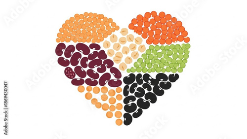 Colorful heart shaped arrangement of various legumes and beans on white background