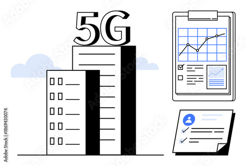 5G technology, business growth, connectivity, data analysis, urban development, digital innovation. Buildings labeled 5G, chart with upward graph document form with checkmarks. 5G technology