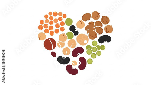 Variety of legumes and beans in a heart shape on white background for healthy eating and nutrition concepts