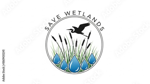 Save wetlands eco logo with bird and cattails and water drops with conservation