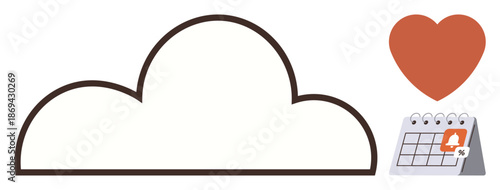 Online storage, cloud computing, digital planning, app reminders, data synchronization, memory management. A cloud outline, a heart and a calendar with a user icon. Online storage and digital