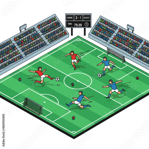 Soccer Players in Action on Stadium Field.