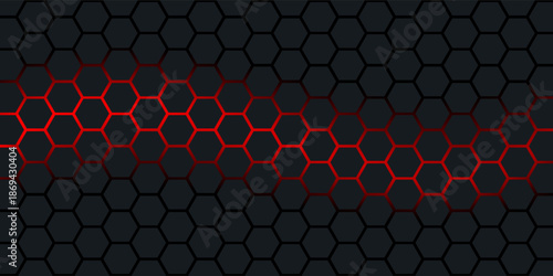 Abstract dark hexagon pattern on red neon background technology style. Modern futuristic geometric shape web banner design. You can use for cover template, poster, flyer, print ad. Vector illustration