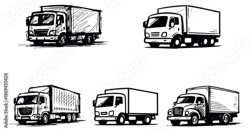 Hand drawn and line art truck set featuring multiple delivery vehicles for logistics and transportation