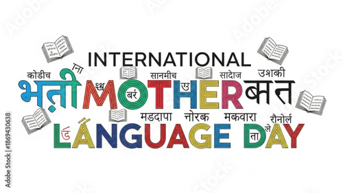 International mother language day celebration with colorful text and book icons on white background