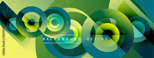 Abstract geometric shapes, vibrant colors create dynamic background. Circles, lines intersect forming modern design. Smooth gradients enhance visual appeal.