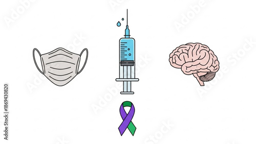 Medical face mask syringe with vaccine brain and purple green awareness ribbon icons