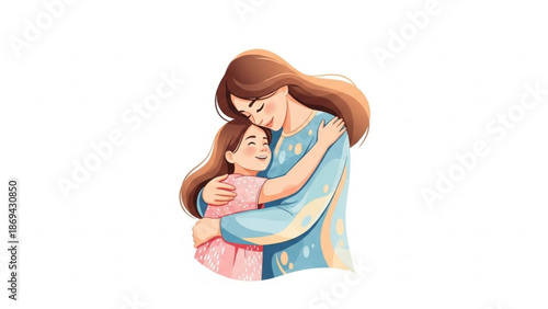 A loving mother embracing her happy little girl with long brown hair in a warm hug
