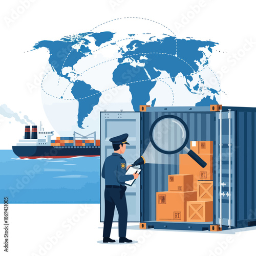 Inspector Examining Shipping Container with Magnifying Glass.