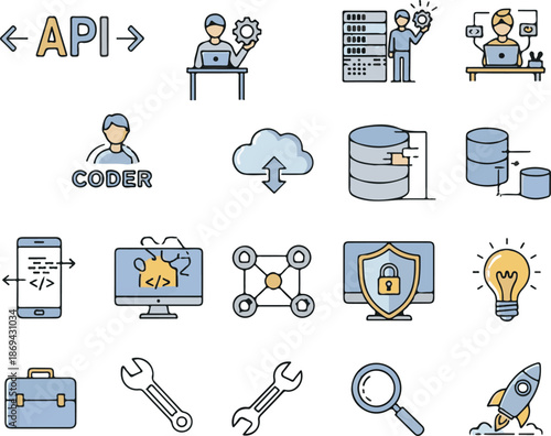 Web Development and Software Engineering Icon Set - Programming, API, Cloud Computing, and Data Management Illustrations