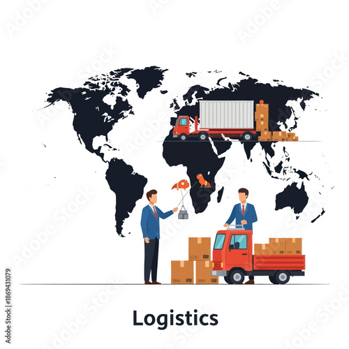 Logistics workers handling packages and truck.