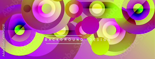 Vibrant abstract composition. Overlapping circles, curves create dynamic visual effect. Purple, yellow, blue hues dominate design.