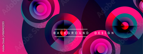 Abstract vibrant design features overlapping circles, gradients. Pink, purple, blue hues create dynamic visual effect. Text reads background design.
