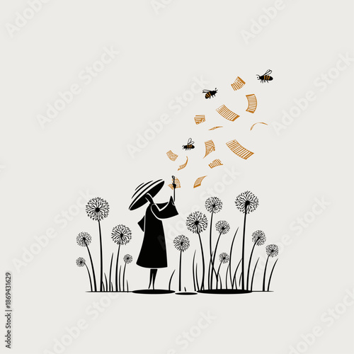 Whimsical illustration of nature and reading with bees and flowers