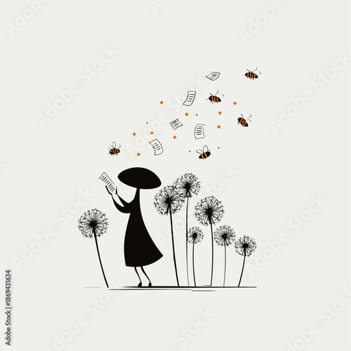 Whimsical illustration of nature and reading with bees and flowers